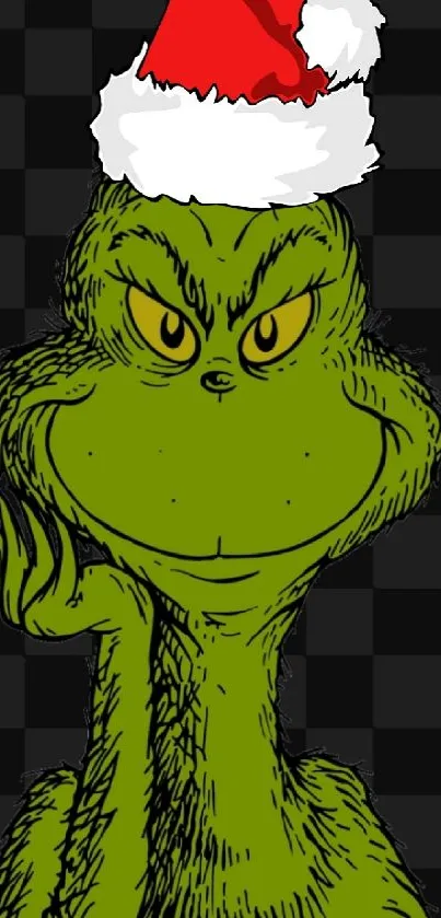 Grinch in Santa hat on checkered background wallpaper.