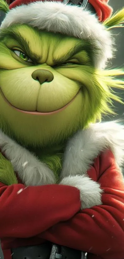Grinch cartoon in Santa attire with festive background.