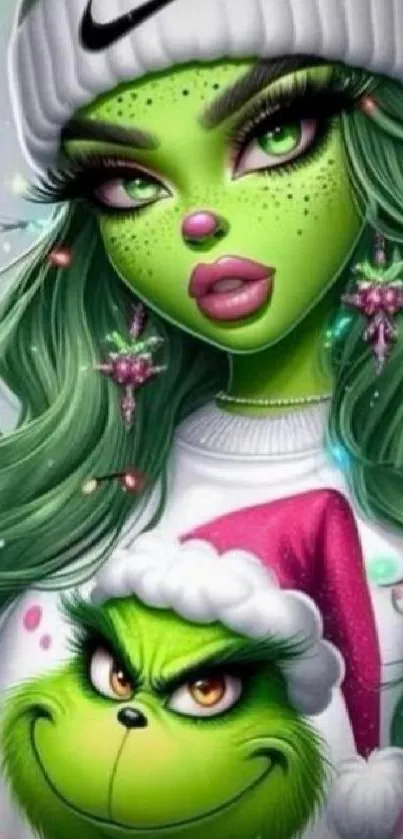 Grinch-inspired holiday art wallpaper with vibrant winter theme.