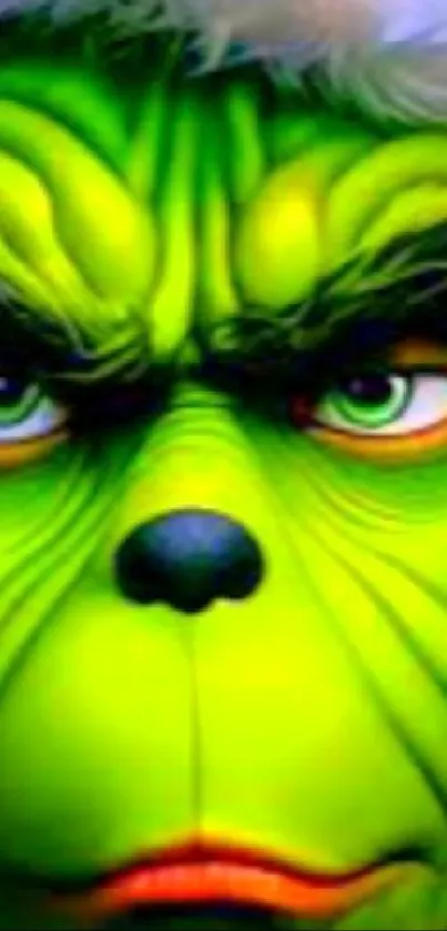 Grinch inspired phone wallpaper with vibrant green face and scowl.