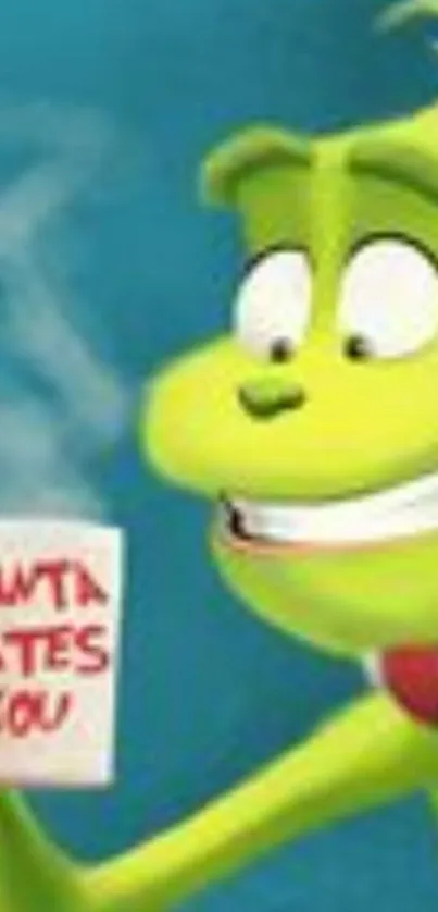 Grinch holding a mug with 'Santa Hates You' inscription.