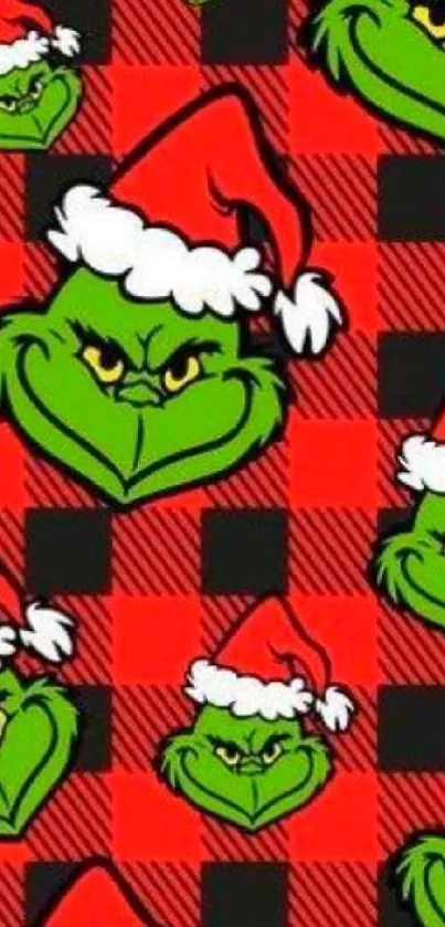 Green cartoon character in Santa hats on red plaid background.