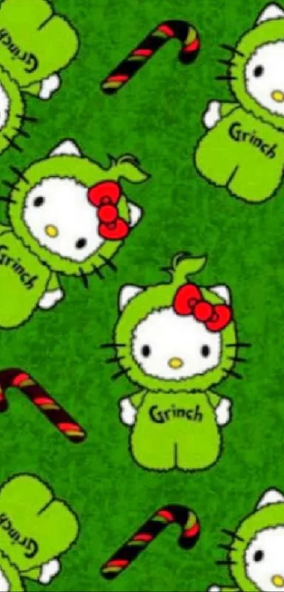 Cute Hello Kitty in Grinch attire on green background with candy canes.