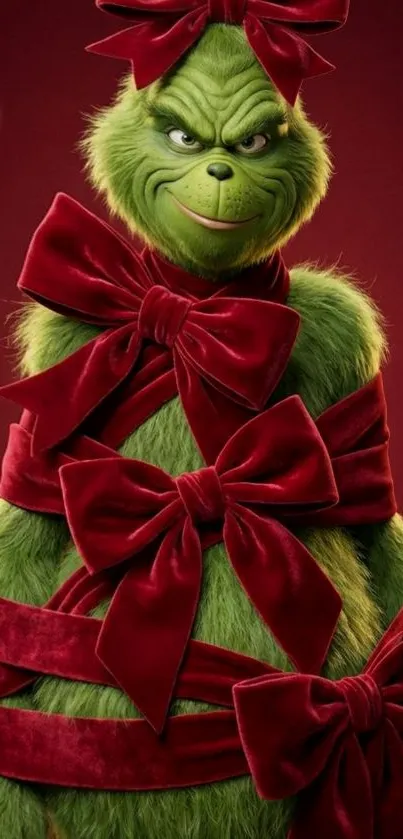 The Grinch wrapped in red bows on a red background.