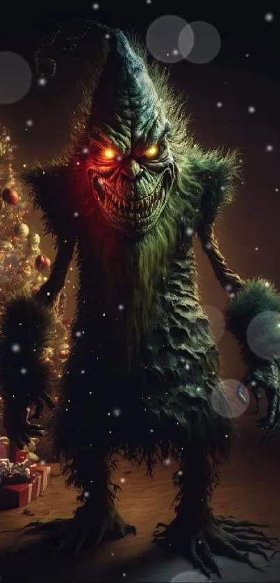 Grinch-themed Christmas wallpaper with a dark, eerie festive scene featuring glowing lights.