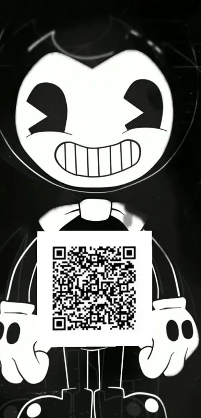 Cartoon character holding QR code on black background wallpaper.