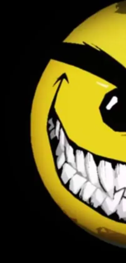 Grinning yellow emoticon on a dark background.