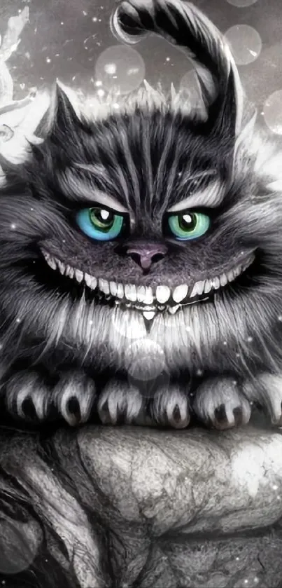 Grinning fantasy cat with blue eyes on a mystical background.