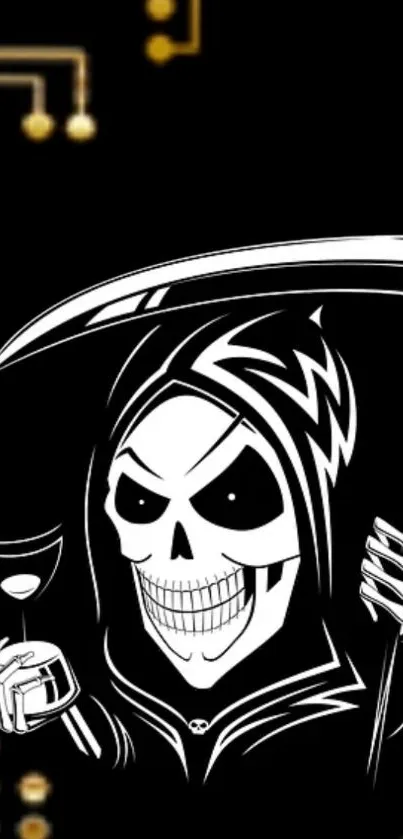 Grinning reaper with scythe on black background wallpaper.
