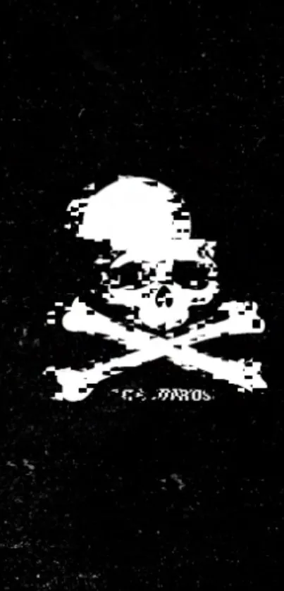 Glitch skull and crossbones on black background.