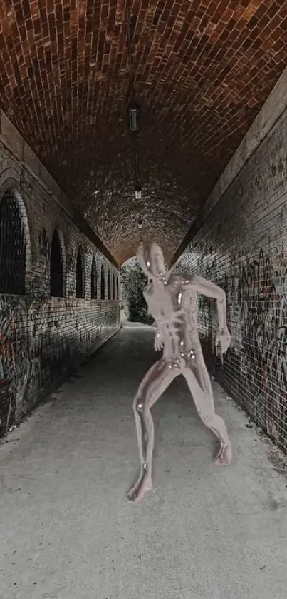 A humanoid figure in a graffiti-filled urban tunnel with a brown brick arch.