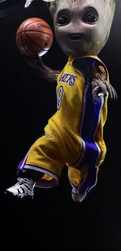 Animated character playing basketball in yellow jersey on black background.