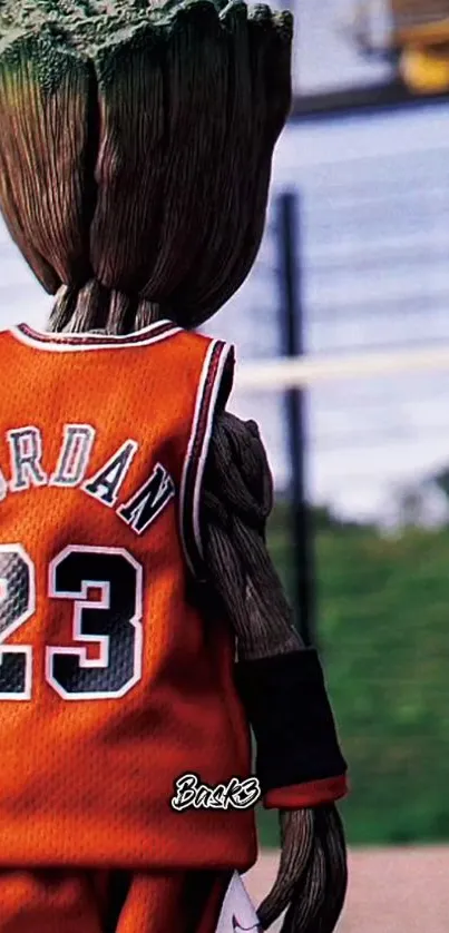 Character with basketball jersey on a scenic background.