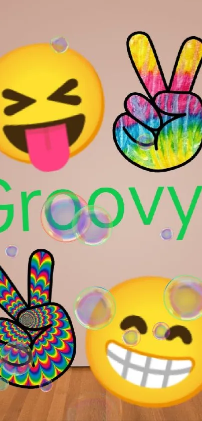 Groovy wallpaper with emojis and peace signs on a warm beige background.