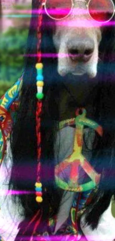 Groovy hippie dog with peace symbol in vibrant colors.
