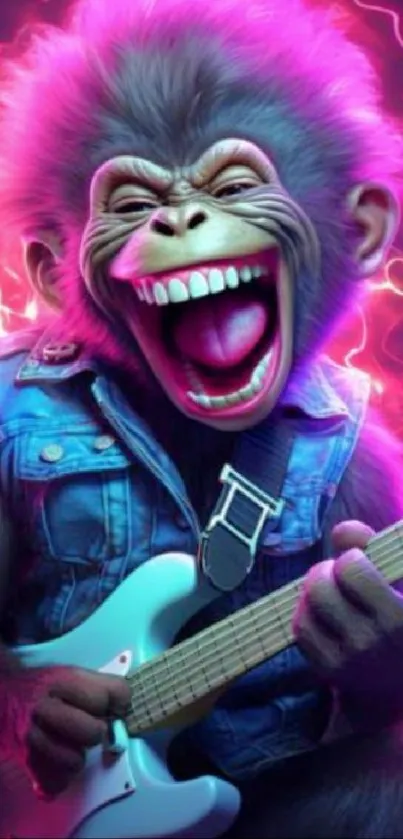 Monkey in a jacket plays electric guitar with neon pink background.