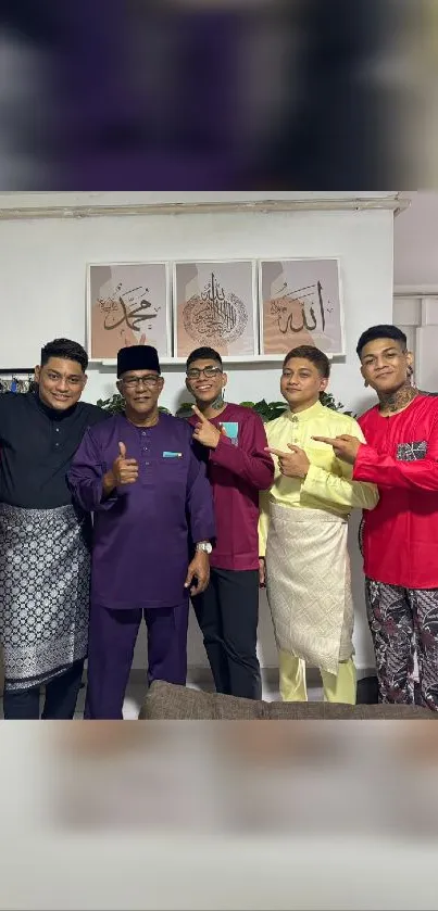 Group of people in traditional attire posing indoors.