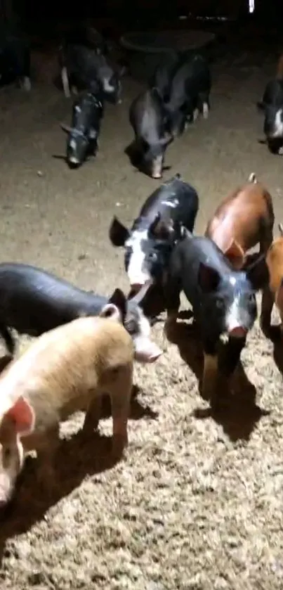 Mobile wallpaper with a group of curious pigs in a dimly lit barn.