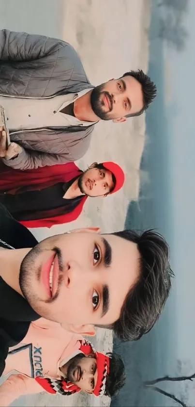 Group of friends posing outdoors with nature in the background.