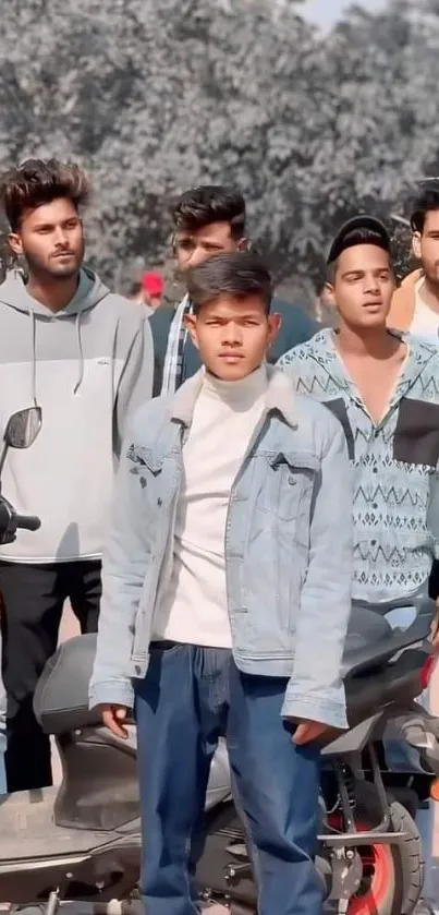 Young group in casual clothing standing outdoors.