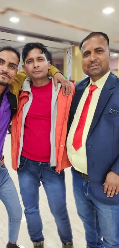 Group of three friends posing indoors in colorful outfits.