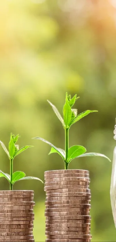 Coins stacked with growing plants on top, symbolizing financial growth.