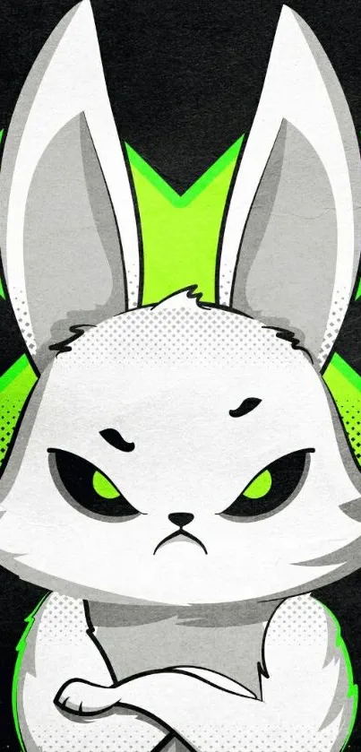 Grumpy cartoon bunny with neon green background on mobile wallpaper.