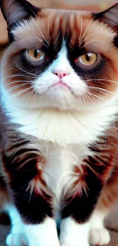 Grumpy cat with a unique expression sitting adorably for a mobile wallpaper.
