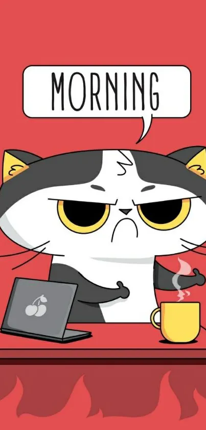 Grumpy cartoon cat with coffee on red background.