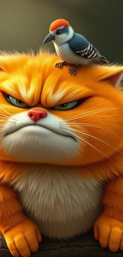 Grumpy orange cat with bird on head in cartoon style.
