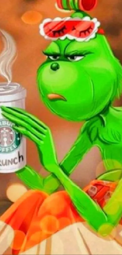 Green character with coffee cup on a colorful background.