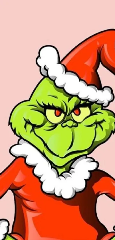 Grumpy green character in Santa outfit on pink wallpaper.