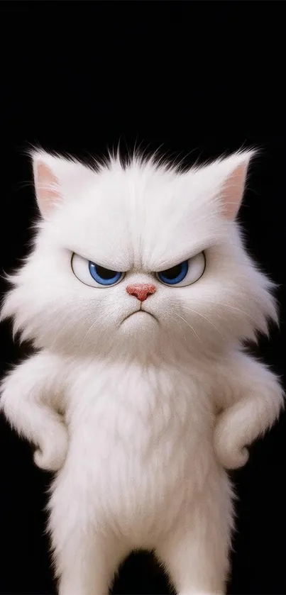Grumpy white cartoon cat with black background.