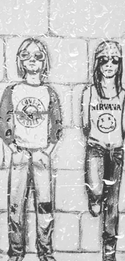 Grunge style drawing of two characters in band shirts.