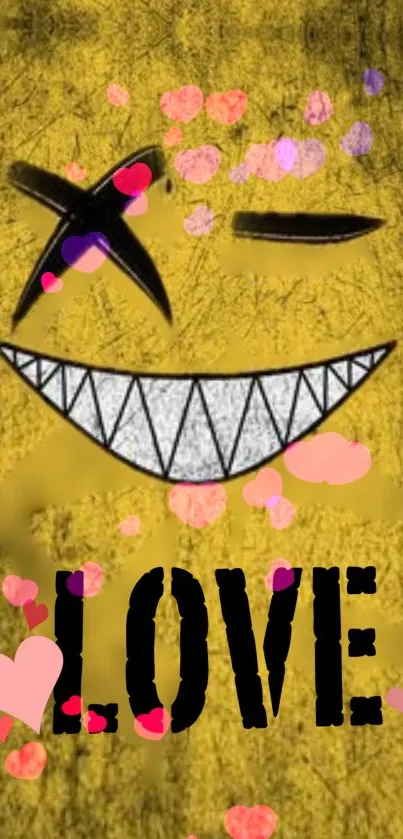 Yellow grunge wallpaper featuring a winking emoji with love hearts.