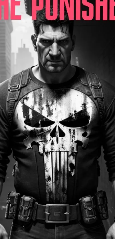 Grunge Punisher mobile wallpaper in gray and black with a bold skull design.