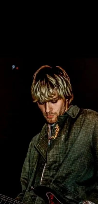 Grunge guitarist playing guitar in a dimly lit setting.