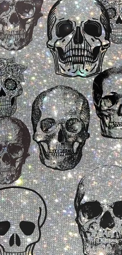 Grunge style black skulls with a glittery gray background.