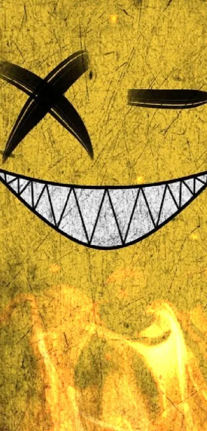 Grunge yellow smiley face wallpaper with an abstract design.