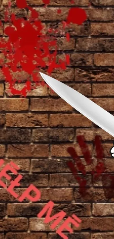 Knife on a red brick wall with blood splatter and 'HELP ME' text.