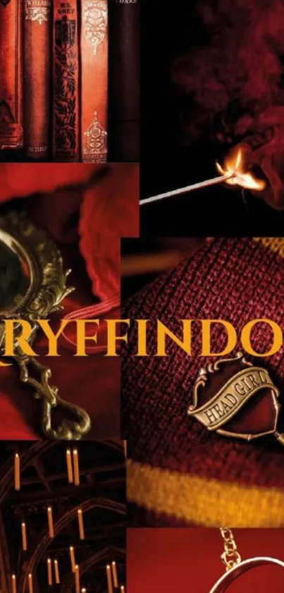 Gryffindor themed mobile wallpaper with red and gold magical elements.