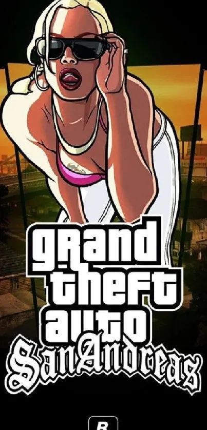 Dynamic "GTA San Andreas" mobile wallpaper with iconic game design.