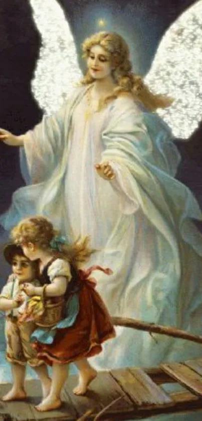 Guardian angel with children on a bridge mobile wallpaper.