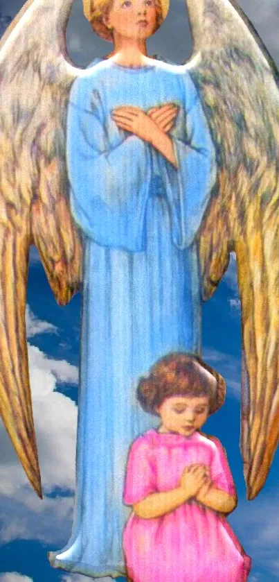 Guardian angel with child in blue sky