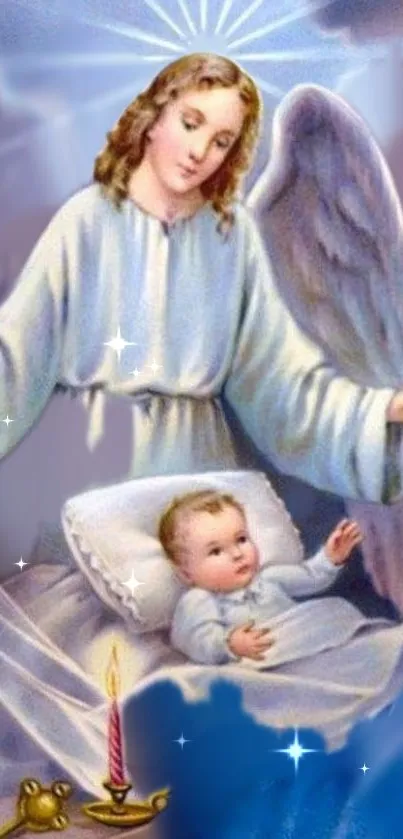 Serene wallpaper with guardian angel and baby.