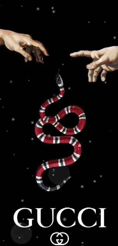 Artistic black wallpaper with red snake and hands.