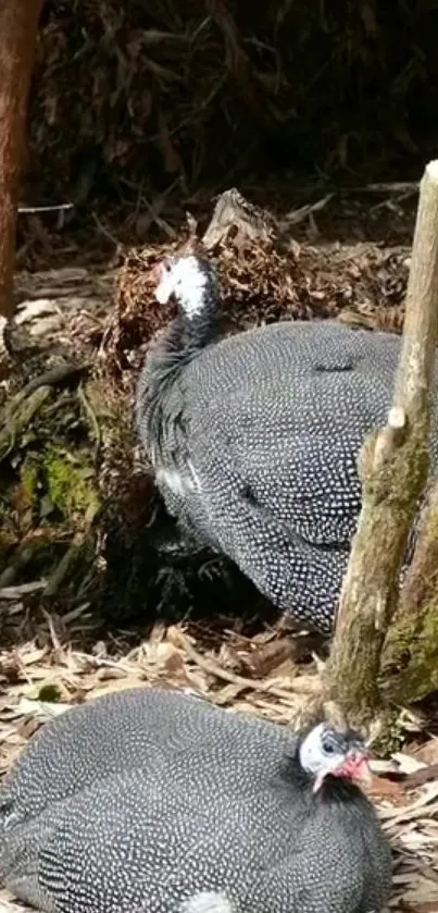 Guinea fowl resting on a wooded forest floor.