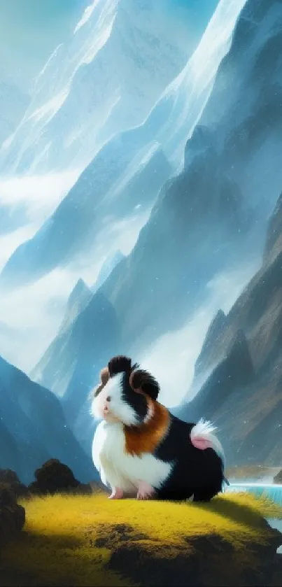 Guinea pig sitting on grass with mountains in background wallpaper.