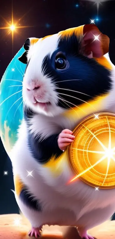 Guinea pig in space holding a glowing disc, surrounded by stars.