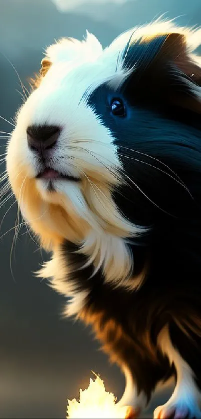 Guinea pig under warm firelight with mountain silhouette.